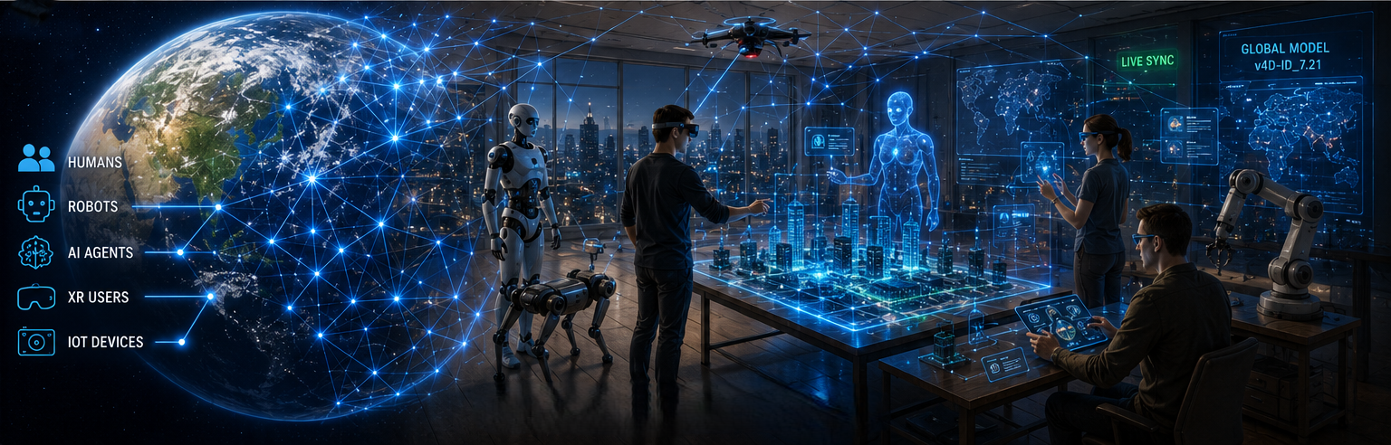 4D-ID concept — humans, robots, AI agents, XR users, and IoT devices connected through a unified spatial addressing system