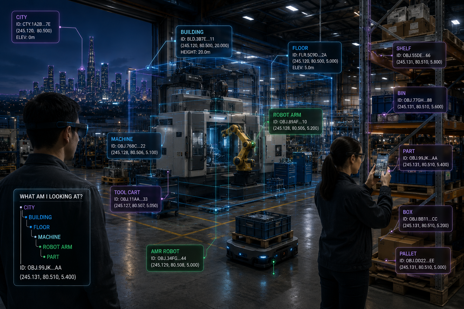 4D-ID in practice — warehouse scene showing nested spatial addressing from City to Building to Floor to Machine to Part, with every object carrying a canonical 4D-ID