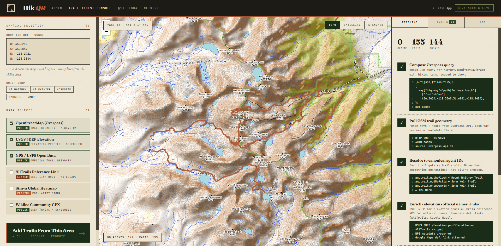 HikQR Trail Ingest Console — admin pipeline view with topo map, data sources, and 24 live trail agents